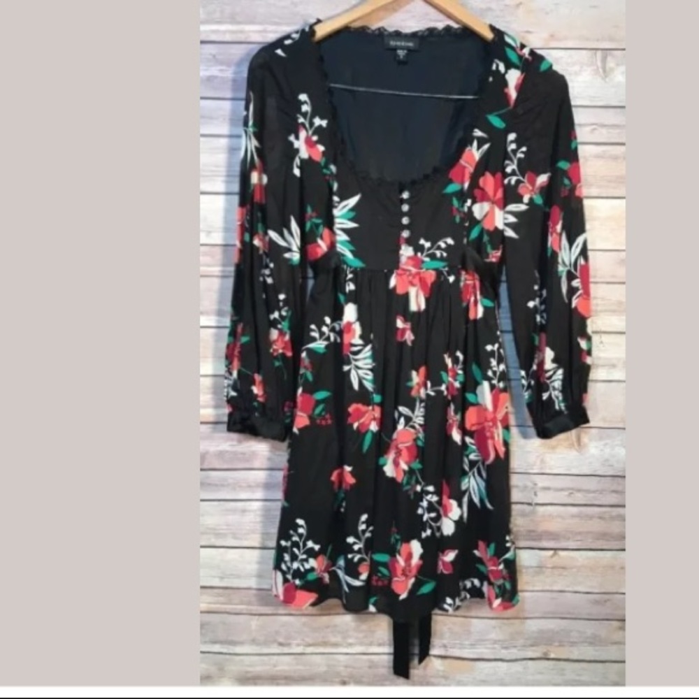 Bebe SzS Tunic Top Dress Floral Black Long Sleeve